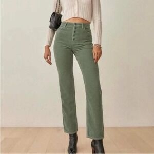 Reformation Cynthia Corduroy Pants Womens 24 Green High Rise Button Fly Straight
